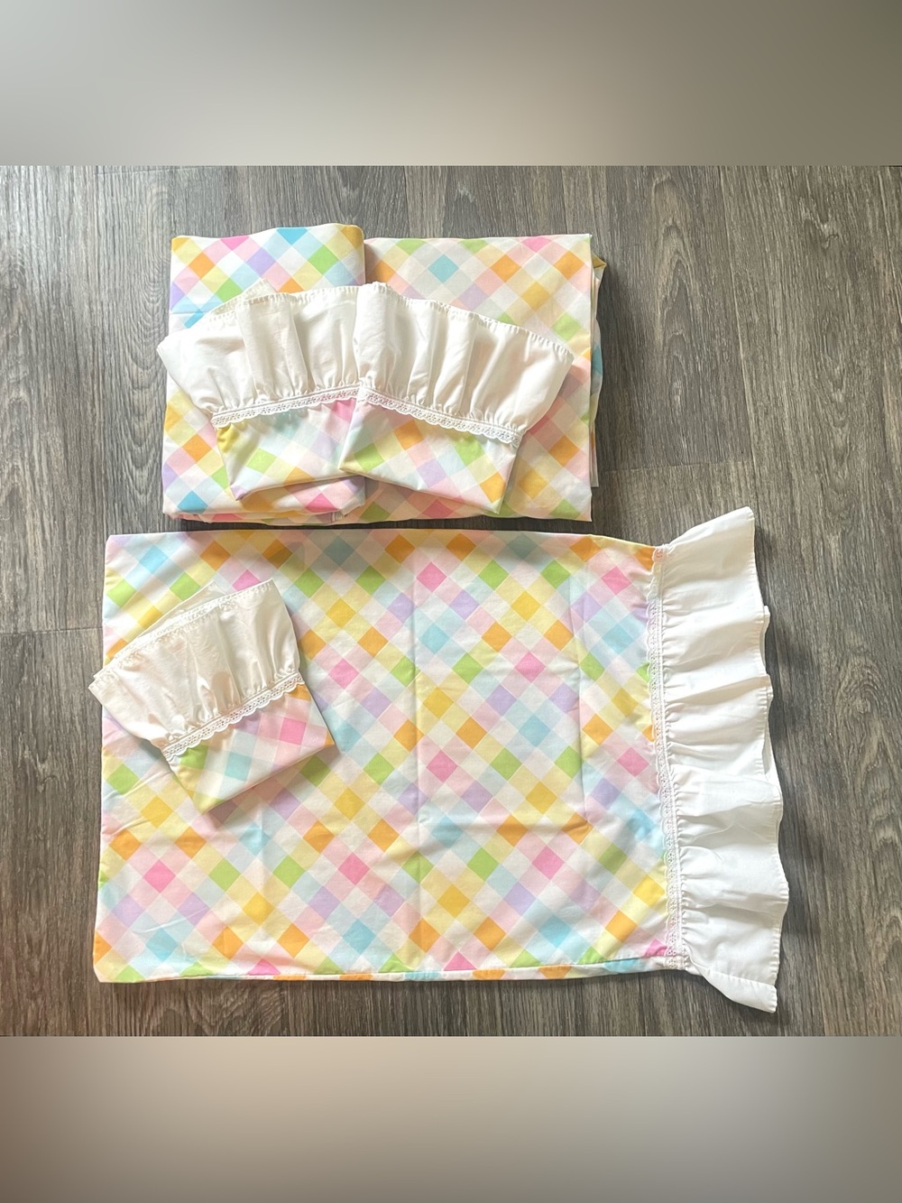 Vintage 6 Piece Sheet Set Royal Cannon Pastel Gingham w Ruffle Cotton King Sz - Picture 2 of 7